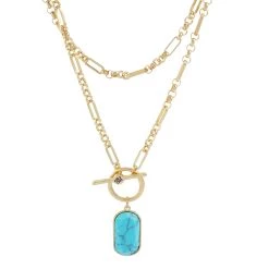 Hot Sale ❤️ Bella-Uno Necklaces & Pendants Bella Uno Worn Gold & Turquoise Toggle Pendant Layered Necklace 👍