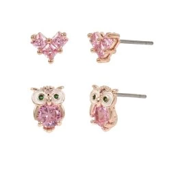 Buy 😀 Betsey-Johnson Betsey Johnson Pink Cubic Zirconia Owl & Heart Stud Earrings 💯